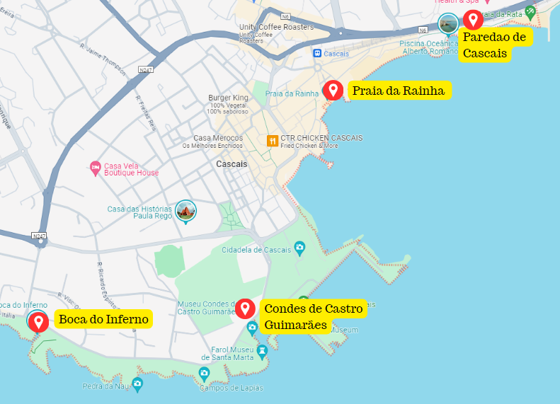 Map of places to visit in Cascais for a day trip near Lisbon