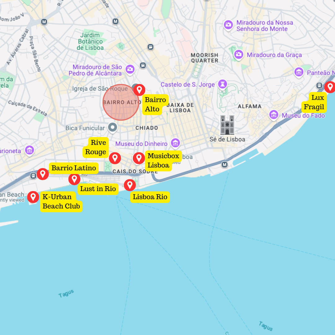 Map of the best clubs and party areas in Lisbon